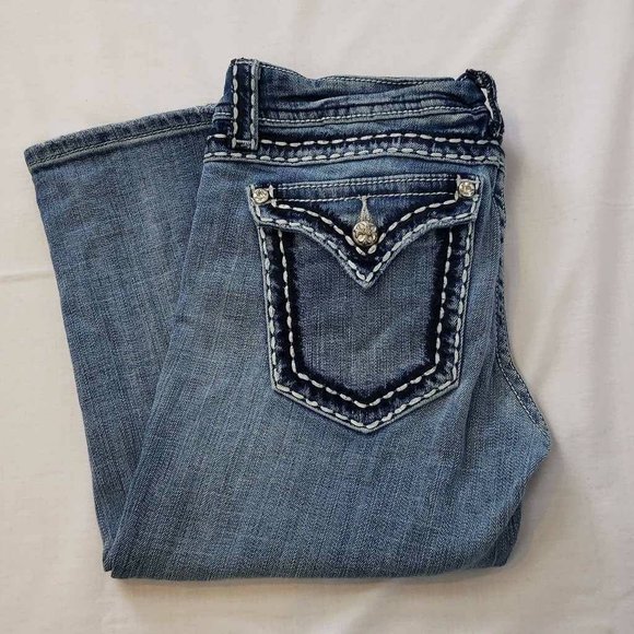 Miss Me Womens Cropped Jeans Blue Thick Stitch Medium Wash Low Rise Denim 29 - Picture 1 of 12